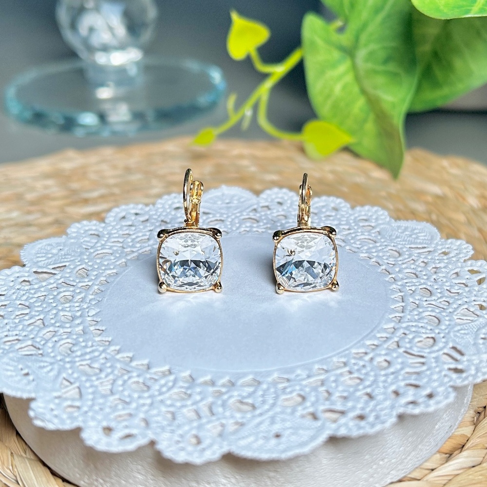 Kenneth Jay Lane, Square Crystal Gold Plate Lever Back Drop Earrings